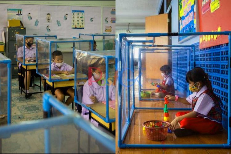 यहां बच्चे प्लास्टिक प्रोटेक्टिव स्क्रीन के अंदर कैद होकर पढ़ाई कर रहे हैं, तस्वीरों में देखिए स्कूल के सख्त नियम।